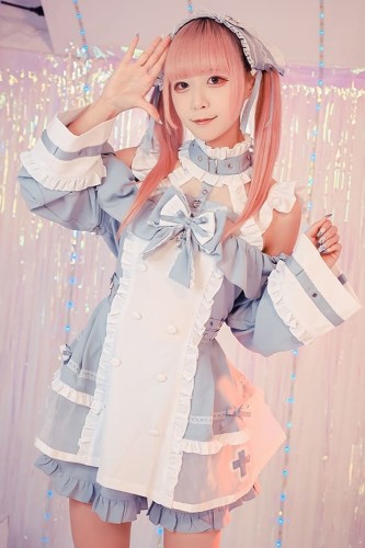 Vestido de Manga Larga con Gargantilla Angel's Promise en Azul Pastel x Blanco - Jill Punk