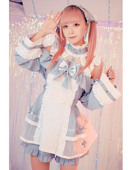 Angel's Promise Long Sleeve Dress with Choker in Pastel Blue x White - Jill Punk