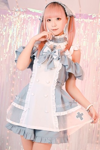 Vestido de Manga Larga con Gargantilla Angel's Promise en Azul Pastel x Blanco - Jill Punk 2