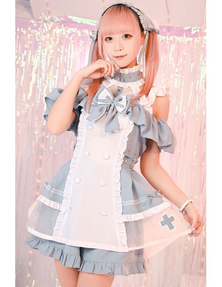 Angel's Promise Long Sleeve Dress with Choker in Pastel Blue x White - Jill Punk