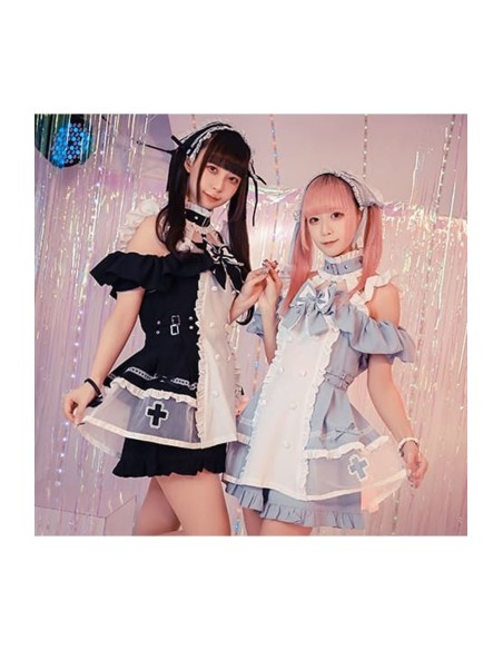 Angel's Promise Long Sleeve Dress with Choker in Pastel Blue x White - Jill Punk