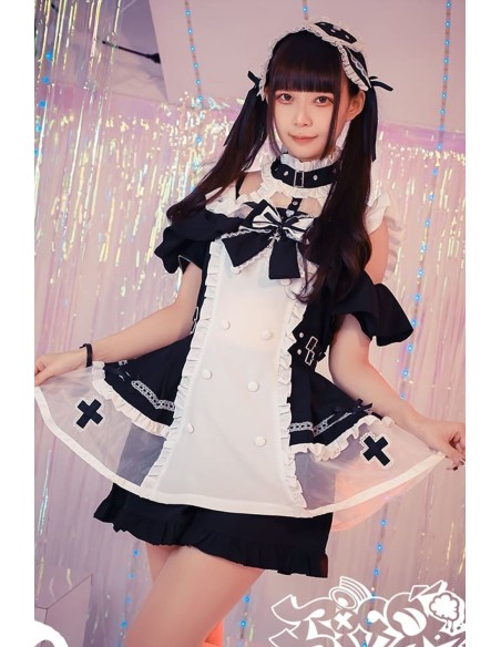 Angel's Promise Long Sleeve Dress with Choker in Pastel Black x White - Jill Punk