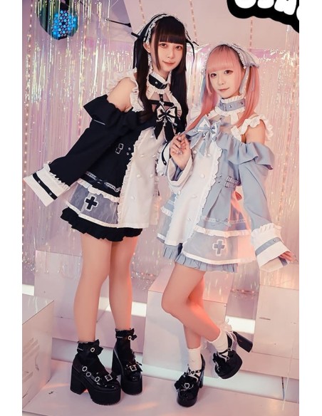 Vestido de Manga Larga con Gargantilla Angel's Promise en Negro x Blanco - Jill Punk