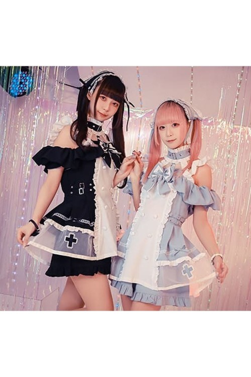 Angel's Promise Long Sleeve Dress with Choker in Pastel Black x White - Jill Punk