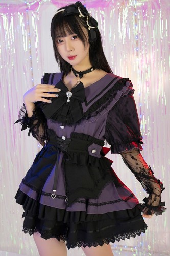 3-Piece Set: Dress + Arm Warmers + Overskirt, Roman Serenade Violet x Black - Jill Punk