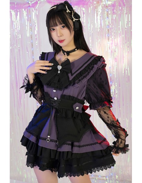 3-Piece Set: Dress + Arm Warmers + Overskirt, Roman Serenade Violet x Black - Jill Punk