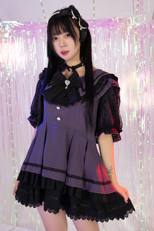 3-Piece Set: Dress + Arm Warmers + Overskirt, Roman Serenade Violet x Black - Jill Punk