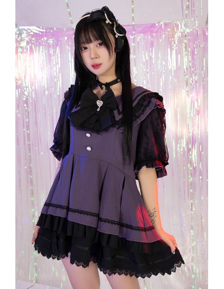 3-Piece Set: Dress + Arm Warmers + Overskirt, Roman Serenade Violet x Black - Jill Punk