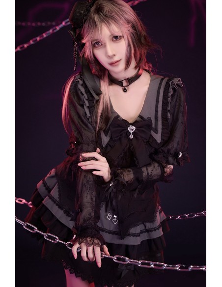 3-Piece Set: Dress + Arm Warmers + Overskirt, Roman Serenade Gray x Black - Jill Punk