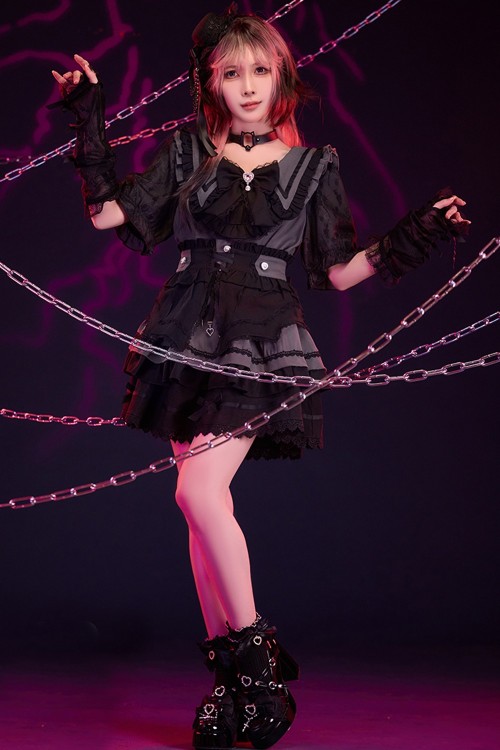 3-Piece Set: Dress + Arm Warmers + Overskirt, Roman Serenade Gray x Black - Jill Punk