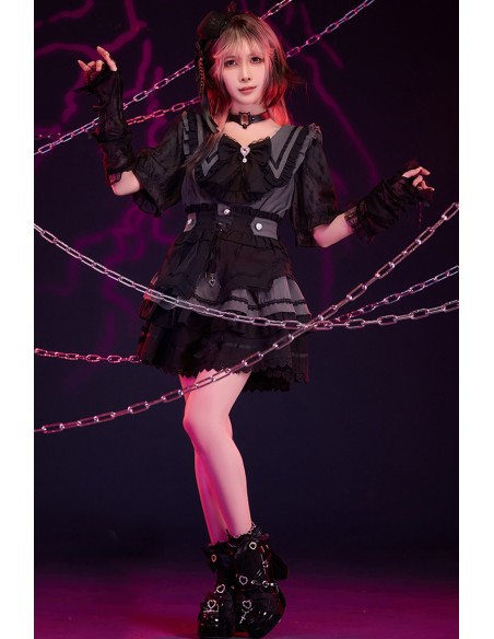 3-Piece Set: Dress + Arm Warmers + Overskirt, Roman Serenade Gray x Black - Jill Punk