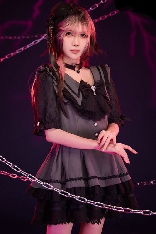 3-Piece Set: Dress + Arm Warmers + Overskirt, Roman Serenade Gray x Black - Jill Punk