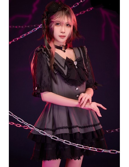 3-Piece Set: Dress + Arm Warmers + Overskirt, Roman Serenade Gray x Black - Jill Punk