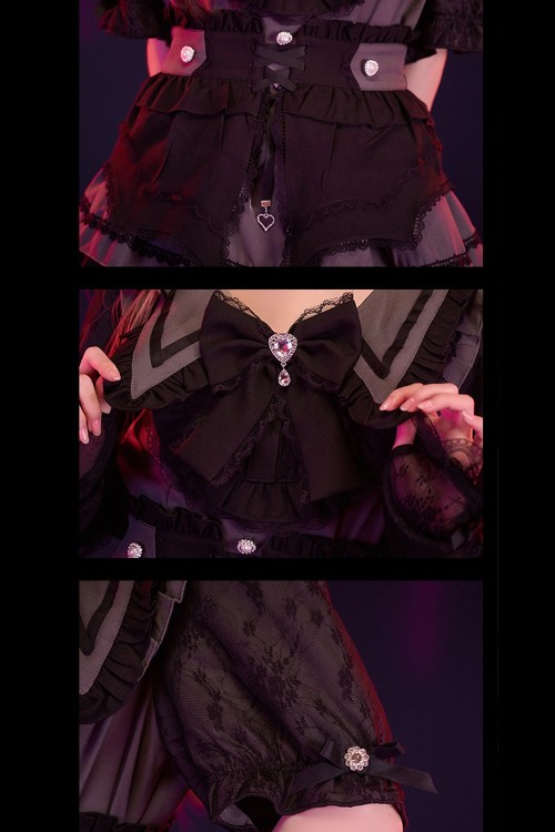 3-Piece Set: Dress + Arm Warmers + Overskirt, Roman Serenade Gray x Black - Jill Punk