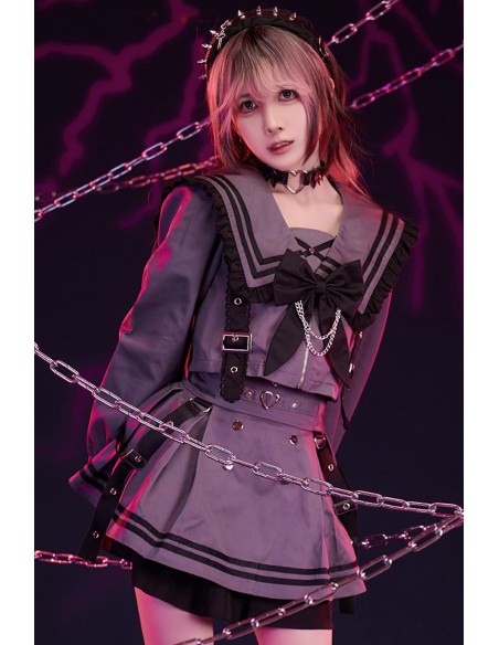 Set 2 Piezas: Top Seifuku + Falda Dark Night Sweetheart en Gris x Negro - Jill Punk