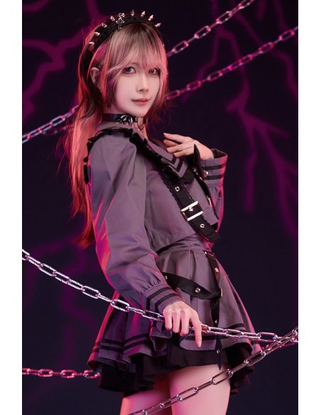 Set 2 Piezas: Top Seifuku + Falda Dark Night Sweetheart en Gris x Negro - Jill Punk