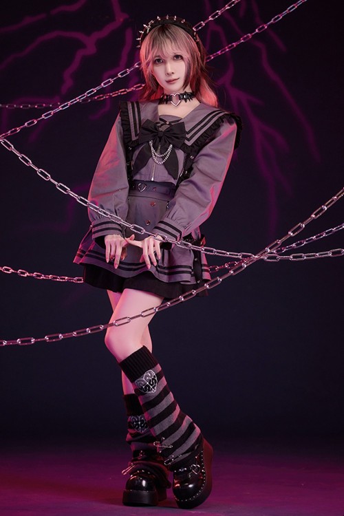 2-Piece Set: Seifuku Top + Skirt Dark Night Sweetheart in Gray x Black - Jill Punk