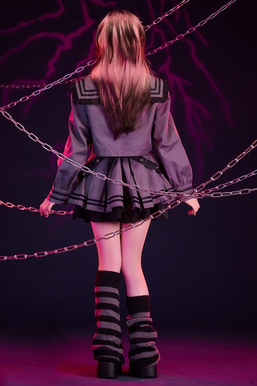 2-Piece Set: Seifuku Top + Skirt Dark Night Sweetheart in Gray x Black - Jill Punk