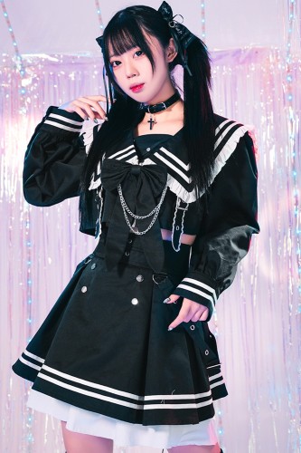 Set 2 Piezas: Top Seifuku + Falda Dark Night Sweetheart en Negro x Blanco - Jill Punk