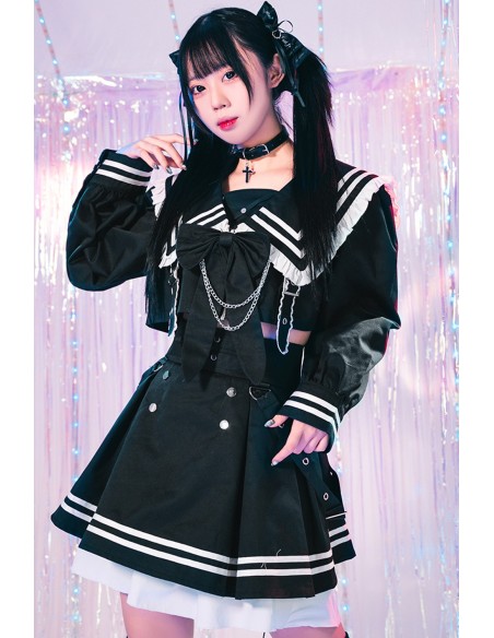 Set 2 Piezas: Top Seifuku + Falda Dark Night Sweetheart en Negro x Blanco - Jill Punk