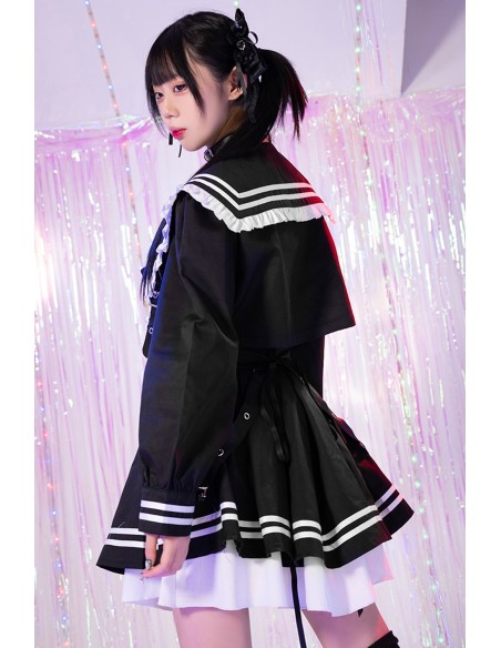 2-Piece Set: Seifuku Top + Skirt Dark Night Sweetheart in Black x White - Jill Punk