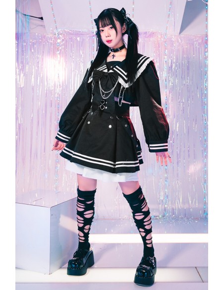 2-Piece Set: Seifuku Top + Skirt Dark Night Sweetheart in Black x White - Jill Punk