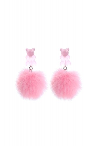 Bear Pompom Earrings - Pink