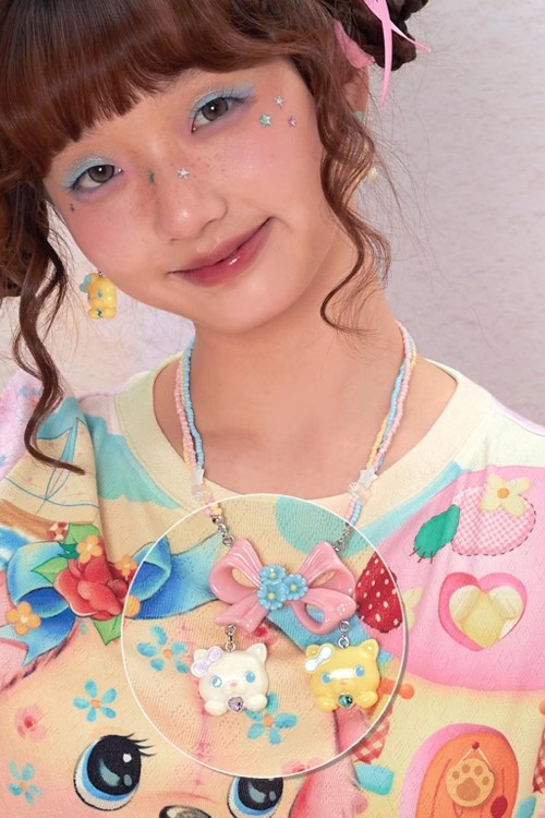 Retro Cat Ribbon Necklace Pink x White x Yellow - Lutra Jump