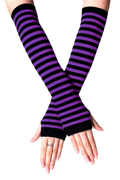 Striped Knit Arm Warmers - Black x Purple