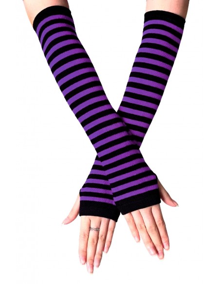 Striped Knit Arm Warmers - Black x Purple