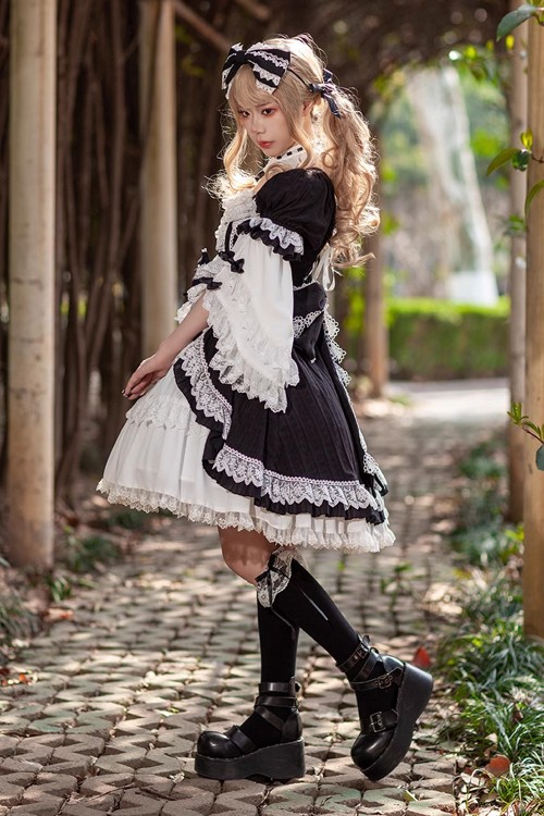 Vestido Gothic Lolita OP Antique Doll - Negro x Blanco