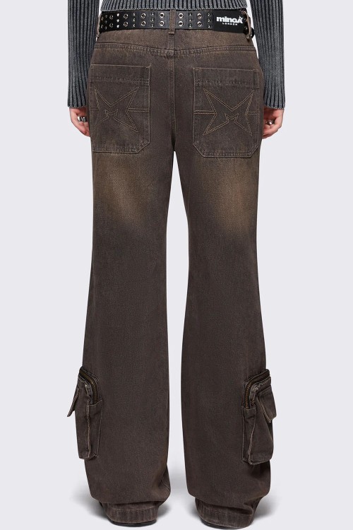 Pantalón Denim Ancho Crush en Marrón - Minga London