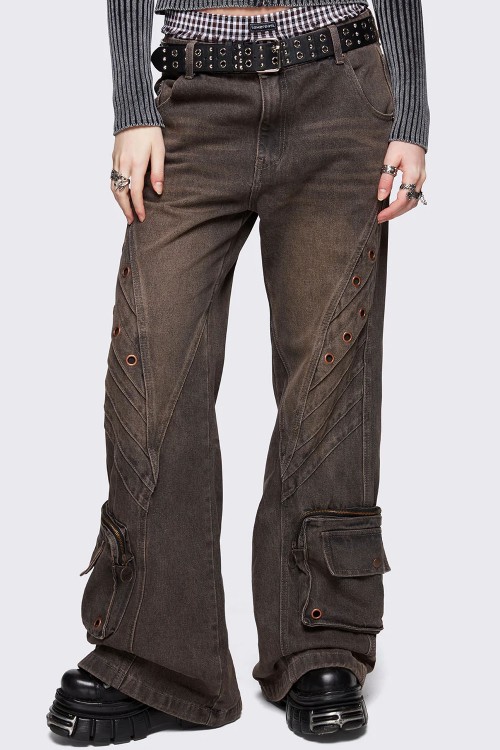 Pantalón Denim Ancho Crush en Marrón - Minga London