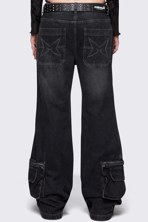 Pantalón Denim Ancho Crush en Negro - Minga London