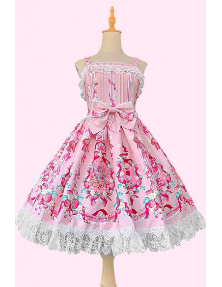 Strawberry Ribbon Lolita JSK Dress + Headbow - Pink