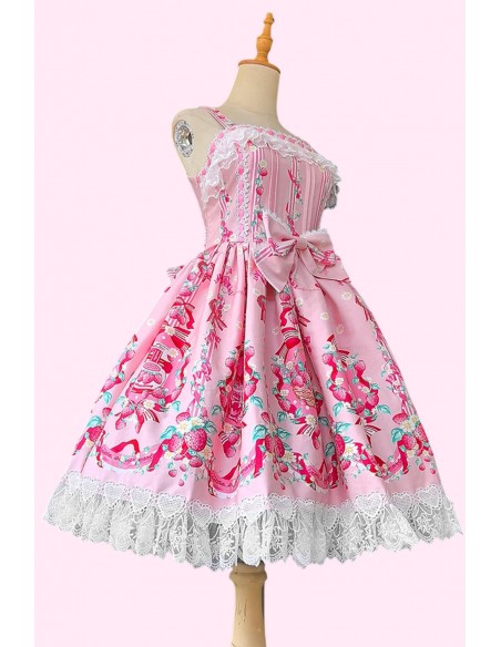 Strawberry Ribbon Lolita JSK Dress + Headbow - Pink