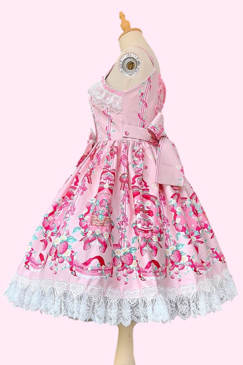 Strawberry Ribbon Lolita JSK Dress + Headbow - Pink
