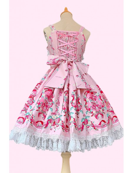 Strawberry Ribbon Lolita JSK Dress + Headbow - Pink