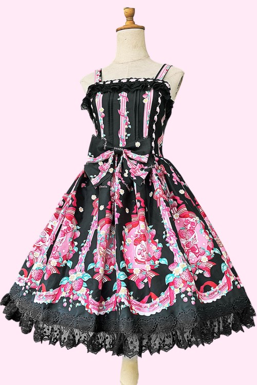 Vestido Lolita JSK Strawberry Ribbon + Lazo - Negro