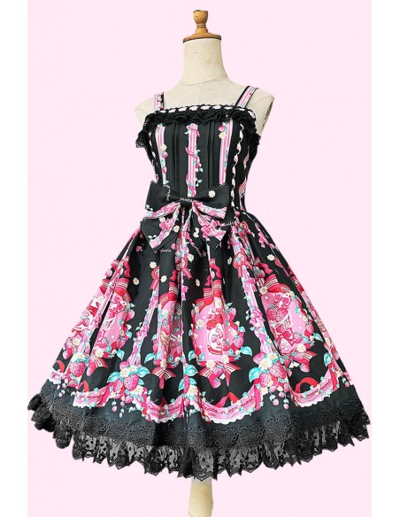 Strawberry Ribbon Lolita JSK Dress + Headbow - Black