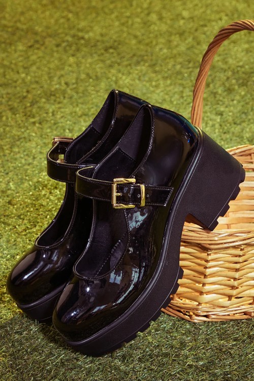 Black Vinyl Strap Mary Janes - Koi Footwear