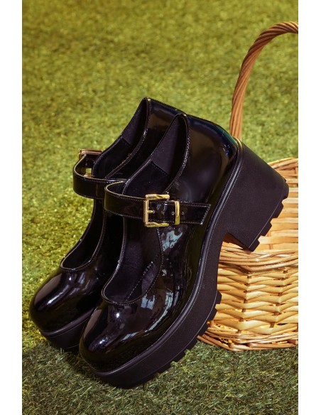 Black Vinyl Strap Mary Janes - Koi Footwear