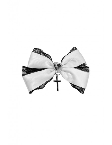Satin Lace Cross Bow White x Black Hairclip
