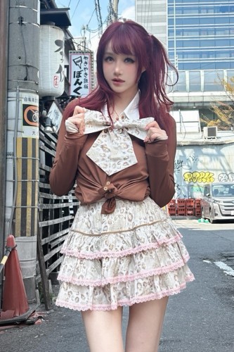 Beige Leopard Skirt + Neck Bow Set - Evil Tooth