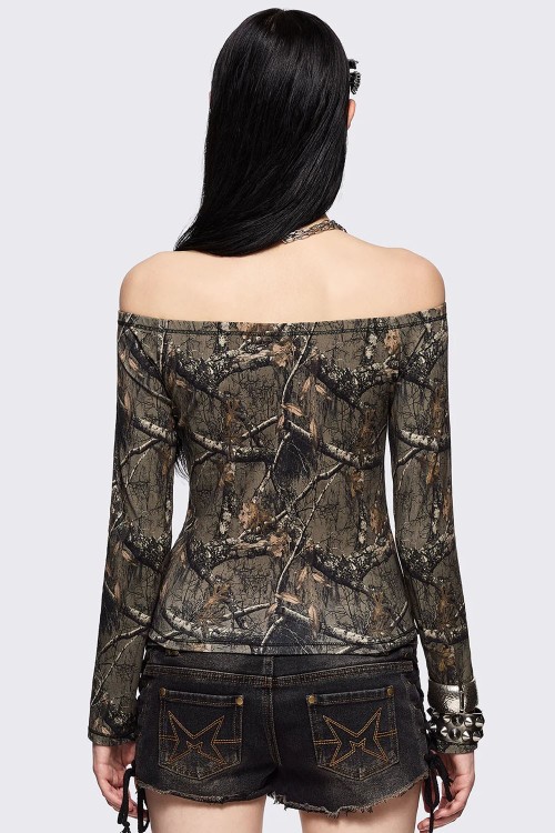 Tree Camo Off-Shoulder Top - Minga London