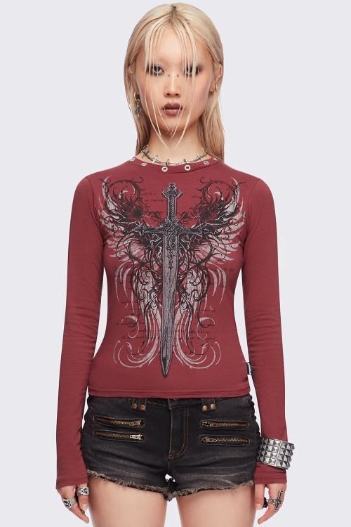 Graveborn Longsleeve Top in Burgundy - Minga London