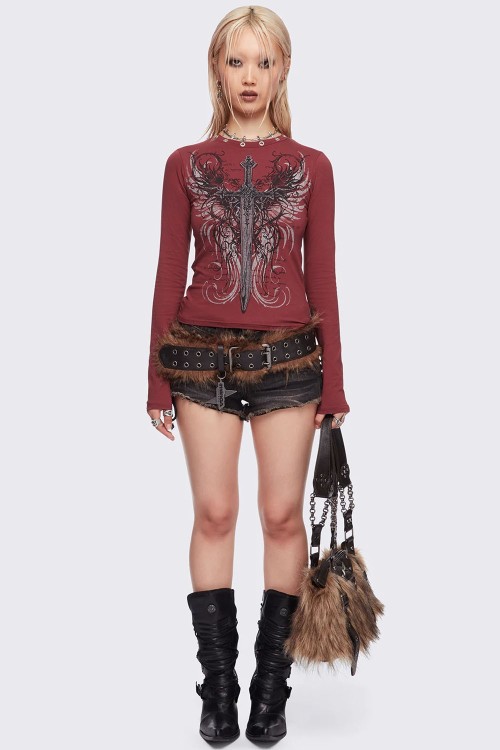 Graveborn Longsleeve Top in Burgundy - Minga London