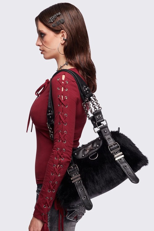 Gigi Faux Fur Bag in Black - Minga London