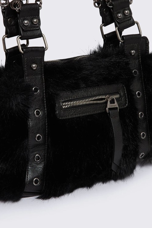 Gigi Faux Fur Bag in Black - Minga London